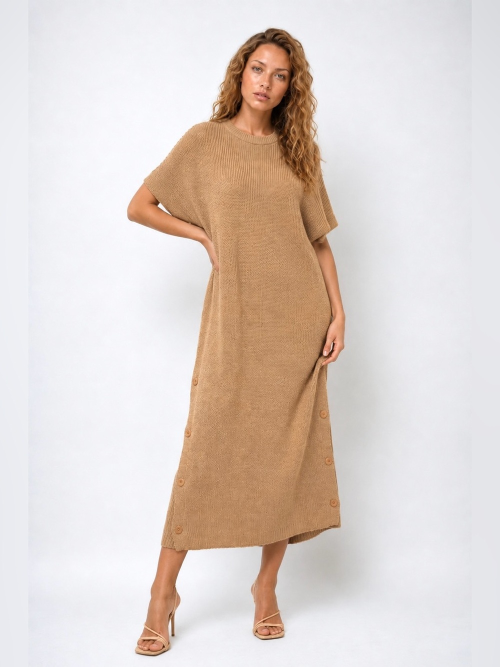 KISA Camel Knit Sweater Dress Maxi Wool Slit L - Picture 9 of 10